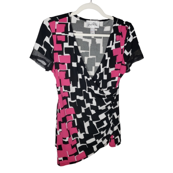Joseph Ribkoff Faux Wrap Tunic Bold Geometric Rouched QR Code Print Mod Vacation - Picture 4 of 15